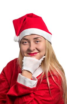 Beautiful girl in red Santa costume on white background