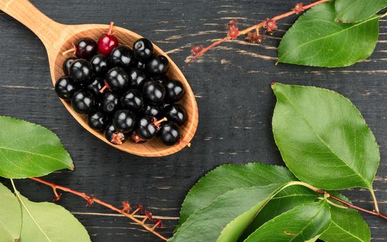 Fresh bird cherry in spoon with leaves on wooden background, top view