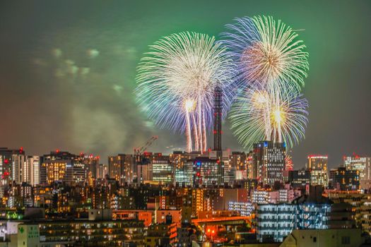 Yokohama cityscape and fireworks (Minato Mirai Smart Festival). Shooting Location: Yokohama-city kanagawa prefecture