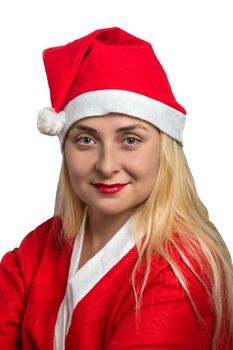 Portrait of cute girl in red suit of Santa Claus on white background