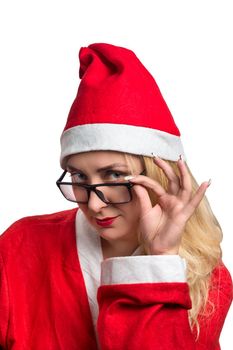 Young girl in a Santa suit and sunglasses on white background