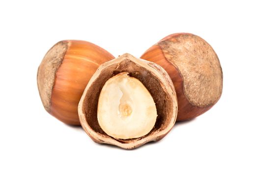 Half of hazelnut with two in their shells on a white background