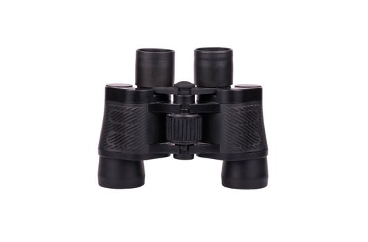 Modern black rubberized binoculars isolated on white background