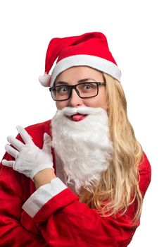 Portrait of girl in costume of Santa Claus in glasses with a beard on white background