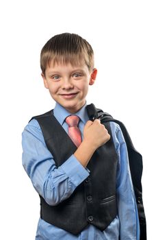 Portrait of a cheerful schoolboy in a shirt on a white background