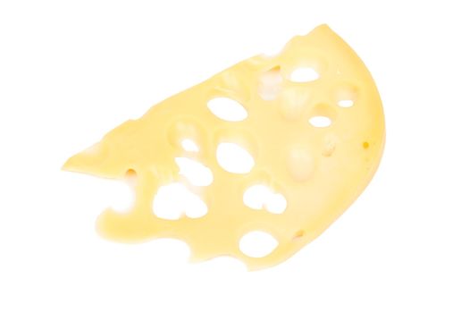 Thin slice of cheese with holes on white background