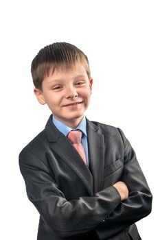 Portrait of a cheerful schoolboy in blazer on white background