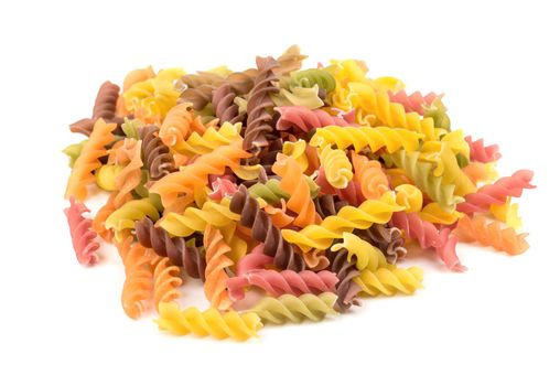 Bunch of raw pasta fusilli on white background