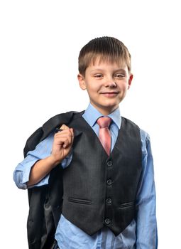 Portrait of a cheerful schoolboy in a shirt on a white background