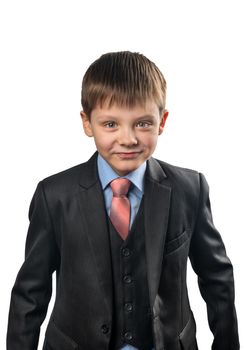 Portrait of a cheerful schoolboy in blazer on white background