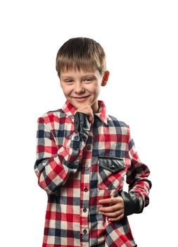 Portrait of a cute boy in a shirt on a white background