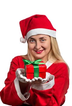 Portrait of a Santa girl with a gift in hands on white background