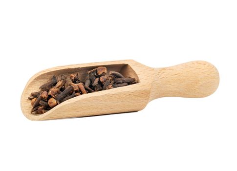 Dry cloves in a wooden scoop on a white background