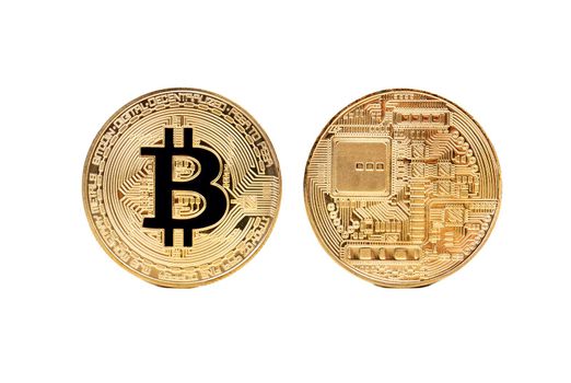 Two sides of bitcoin coin on white background