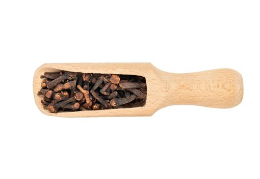 Dry cloves in a wooden scoop on a white background, top view