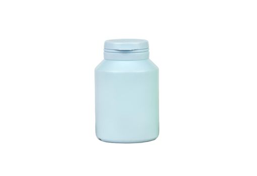 Blue plastic jar for tablets and powder on white background