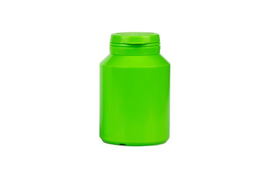 Green plastic jar for tablets and powder on white background