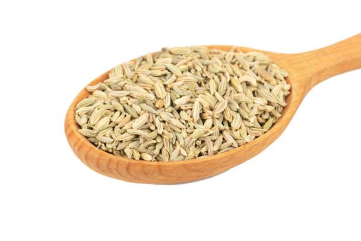 Spice dry fennel in a large wooden spoon closeup on white background