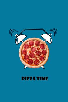 Pizza and alarm clock hand drawn illustration on blue background. The inscription Pizza time. Creative design for menu, cafe, restaurant.