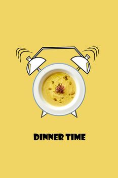 White bowl of hot soup and alarm clock hand drawn illustration on yellow background. The inscription Dinner time. Creative design for menu, cafe, restaurant.