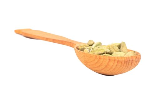 Large wooden spoon with dry cardamom isolated on white background