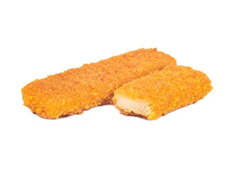 Fish stick in batter with half on white background
