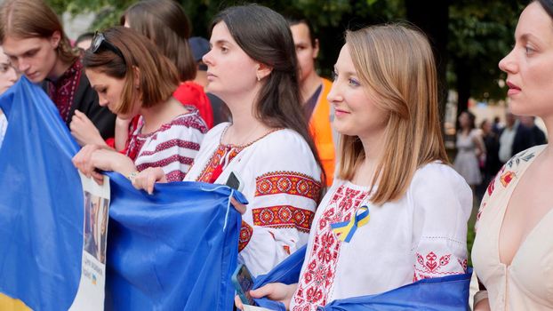 Rally of Ukrainians people , women, men against the war in Ukraine on the day of embroidery. Edutorial Italy, Milan 19.05.2022.