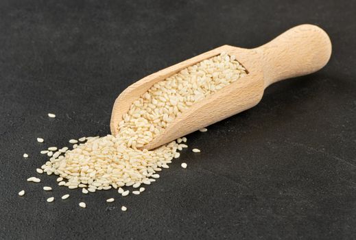 Sesame seeds in a wooden scoop on a concrete background