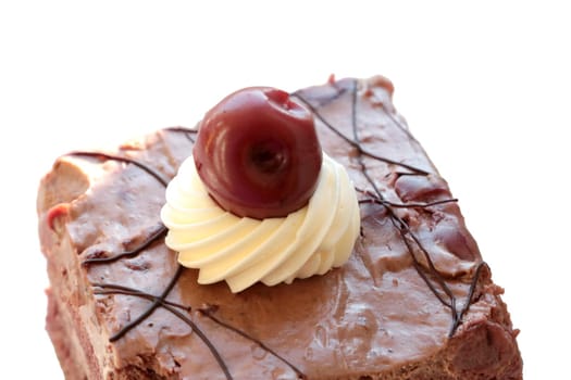 Appetizing chocolate sweet cake with cherries. Confectionery, pastries