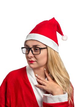 Young girl in a Santa suit and sunglasses on white background