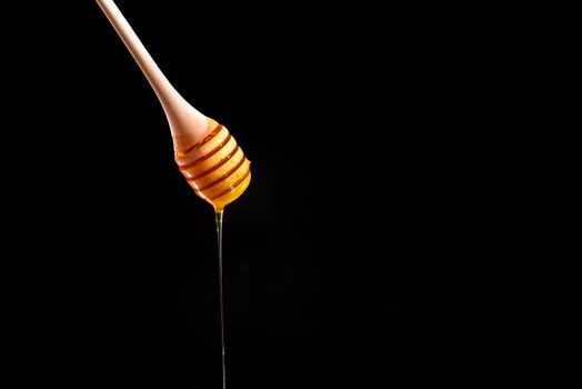 Shiny golden honey dripping off of a spoon into a wooden bowl with black background. Honey spoon on a black background. Blank space for text