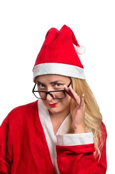 Girl in Santa costume with glasses on white background