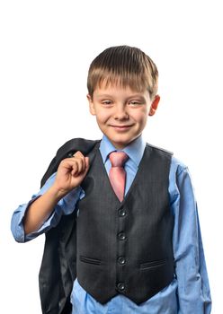 Portrait of a cheerful schoolboy in a shirt on a white background