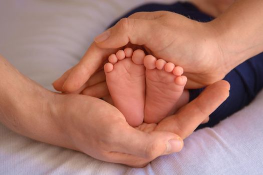 newborn baby feet and hands of parents.