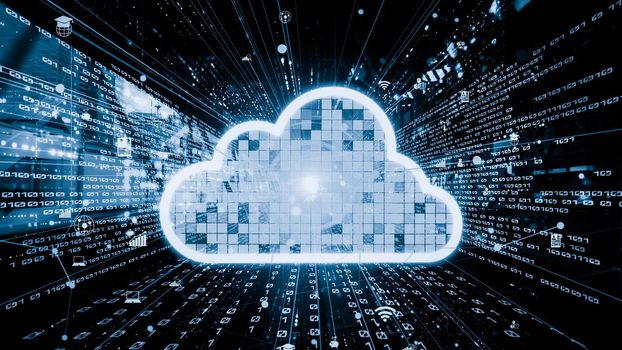 Cloud computer and online data storage with tacit intelligent sharing software . Concept of smart digital transformation and technology disruption that changes global trends in new information era .