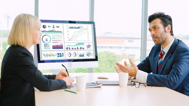 Business data dashboard analysis by ingenious computer software . Investment application display business sales and profit on the computer screen and advise marketing planning decision .