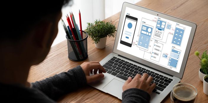 UX UI design process for modish mobile application and website . Creative prototype of wireframe for professional app developer .