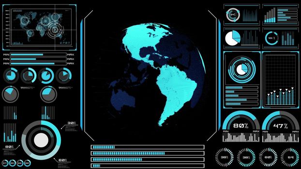 Futuristic VR head-up display design with orbital global network 3D rendering graphic . HUD element containing circle abstract and big data analytic presented in digital GUI technology .