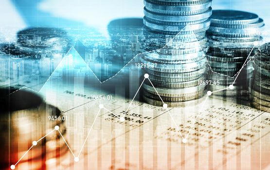 Finance and money technology background concept of business prosperity and asset management . Creative graphic show economy and financial growth by investment in valuable asset to gain wealth profit .