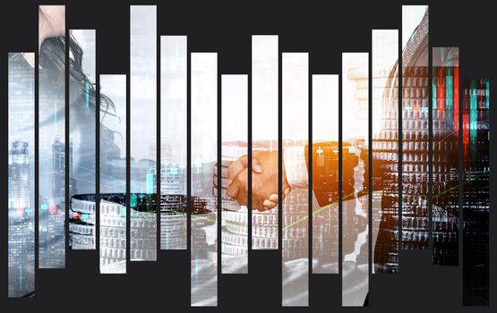 Business handshake on finance prosperity and money technology asset background . Economy and financial growth by investment in valuable stock market to gain wealth profit form currency trading