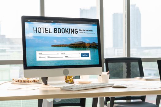 Online hotel accommodation booking website provide modish reservation system . Travel technology concept .