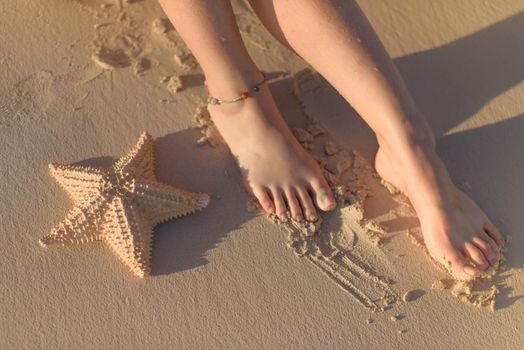Women's feet and starfish on sand.