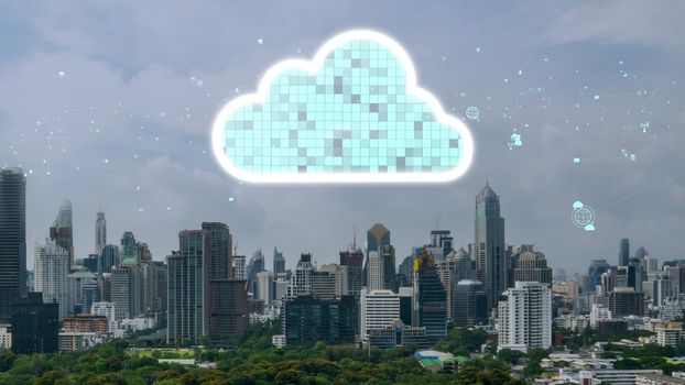 Cloud computing technology and online data storage for alteration data sharing . Computer connects to internet network server service for cloud data transfer shown in 3D futuristic graphic interface .