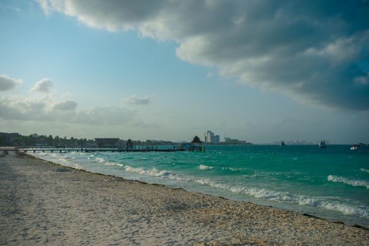 Sea shore on the Caribbean beach in the Area Hoteleria in Cancun Quintana Roo Mexico.