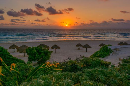 Dawn on the Caribbean Sea. Clear sky with small clouds. Clear weather.