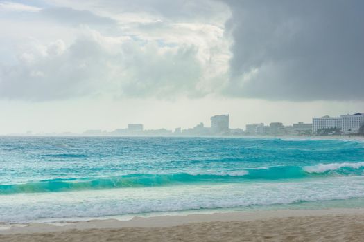 Sea shore on the Caribbean beach in the Area Hoteleria in Cancun Quintana Roo Mexico.