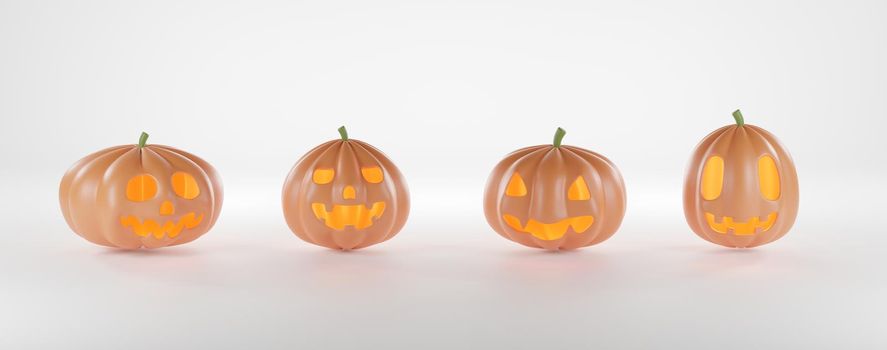 Three Halloween pumpkins ghost with smile isolated on white background, celebration happy Halloween event template minimal style, 3d render illustration