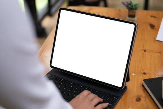 business woman holding digital tablet. Blank screen for your advertising