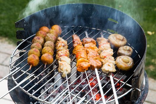 Grilled meat on a summer barbecue in the garden