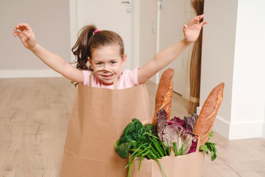Paper bag with vegetables and some bread with copy space